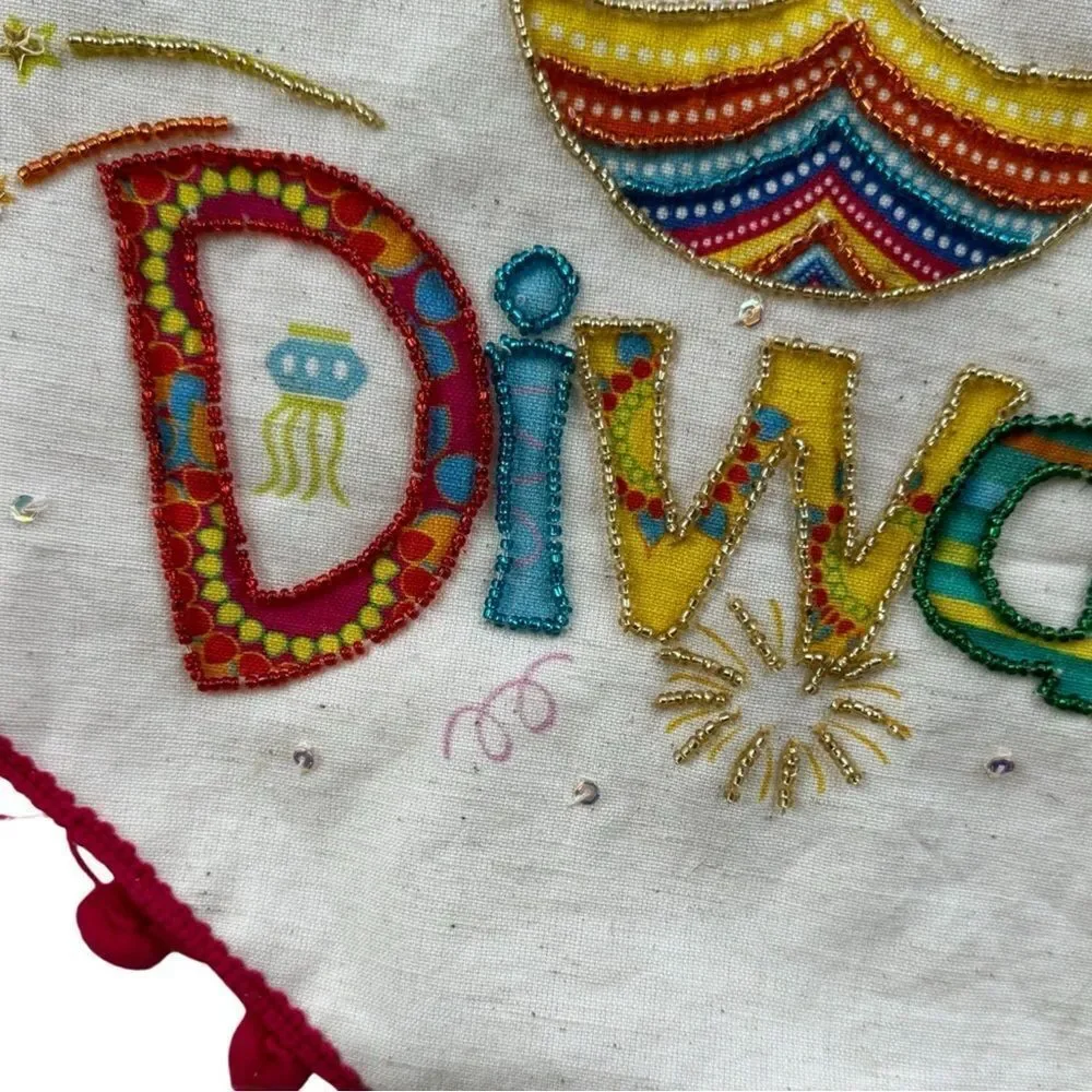 Happy Diwali Sequin Beaded Tassel Pom Fringed Cotton Banner NWT